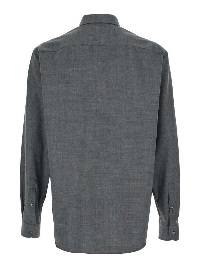 Grey Shirt With Classic Collar And Logo Embroidery On The Front In Wool For Men Virgin Elastane Blouses