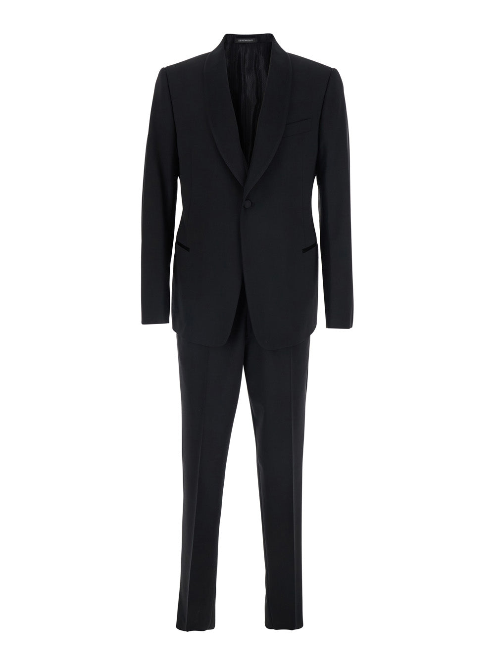 SLIM JACKET WITH SHAWL COLLAR IN BLACK SATIN + PANTS SMOKING BELT - Elegant wool clothing Men Virgin Suits