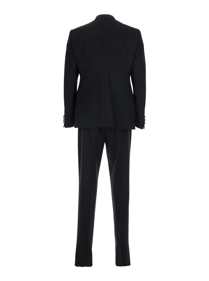 SLIM JACKET WITH SHAWL COLLAR IN BLACK SATIN + PANTS SMOKING BELT - Elegant wool clothing Men Virgin Suits
