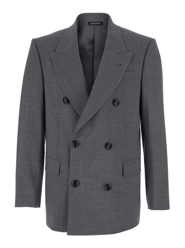 Double-Breasted Jacket Grey Wool Virgin Blazers