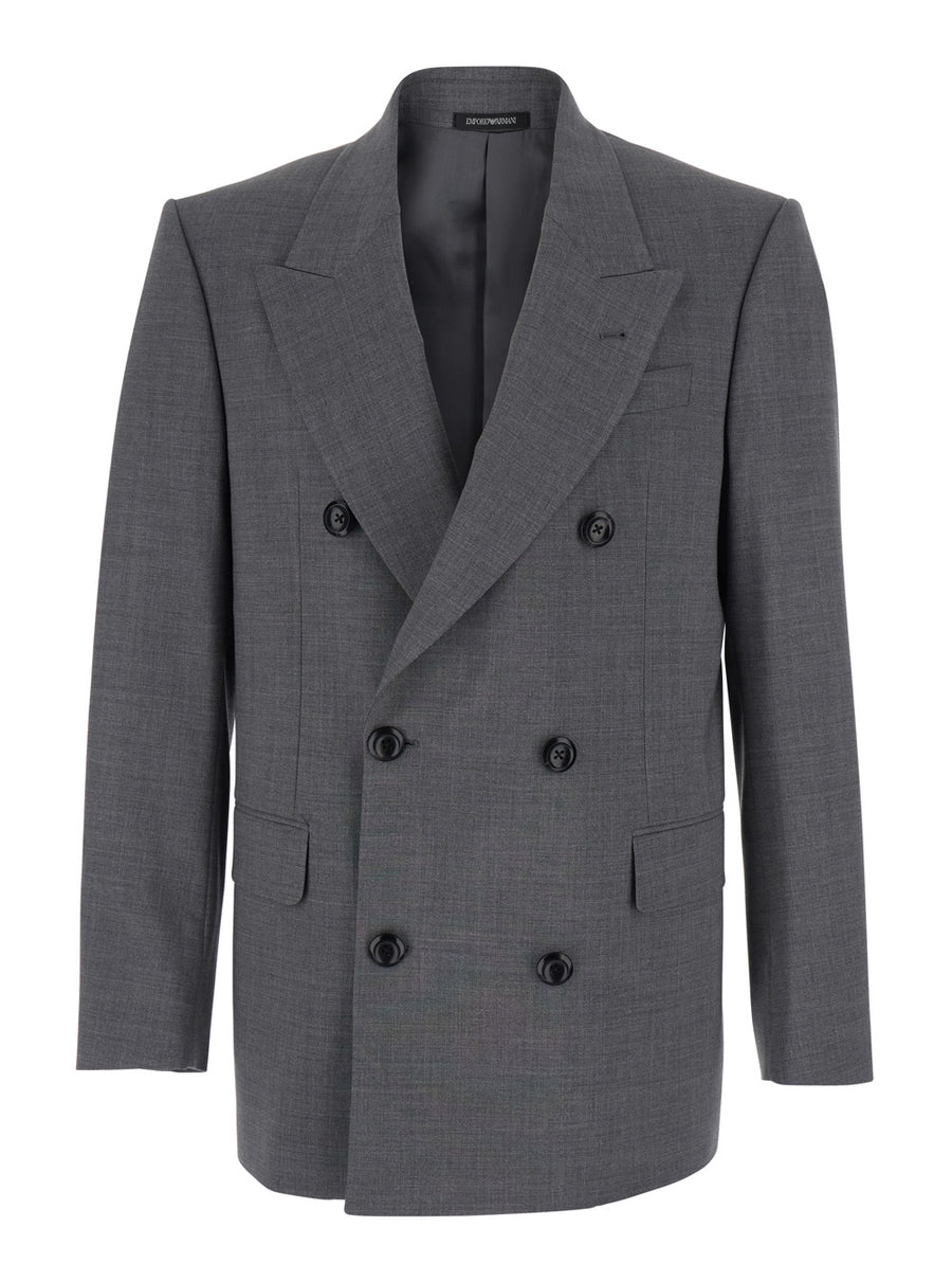 Double-Breasted Jacket Grey Wool Virgin Blazers