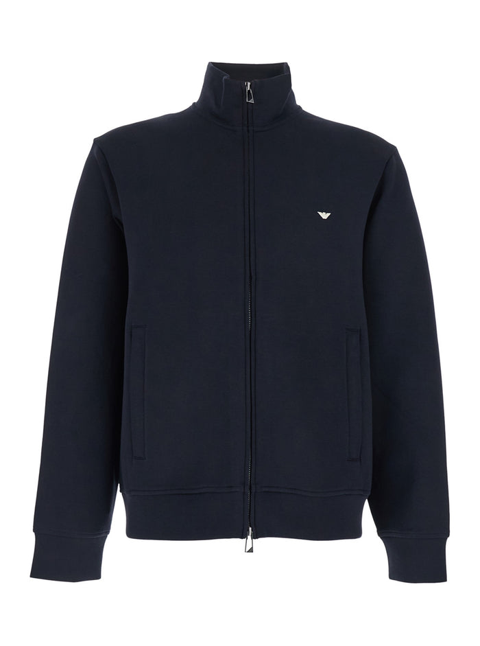 High Neck Sweatshirt with Logo Embroidery on the Front and Zip Closure in Blue Cotton Blend for Men Blu Polyester Elastane Sweatshirts