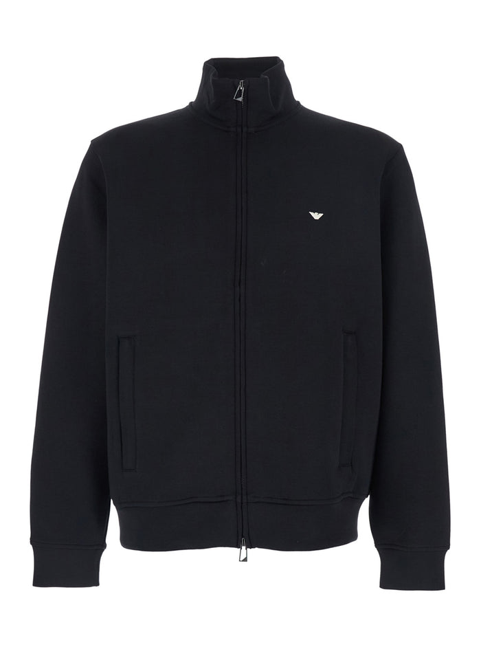 High Neck Sweatshirt With Logo Embroidery On The Front And Zip Closure Black Cotton Blend For Men Polyester Elastane Sweatshirts