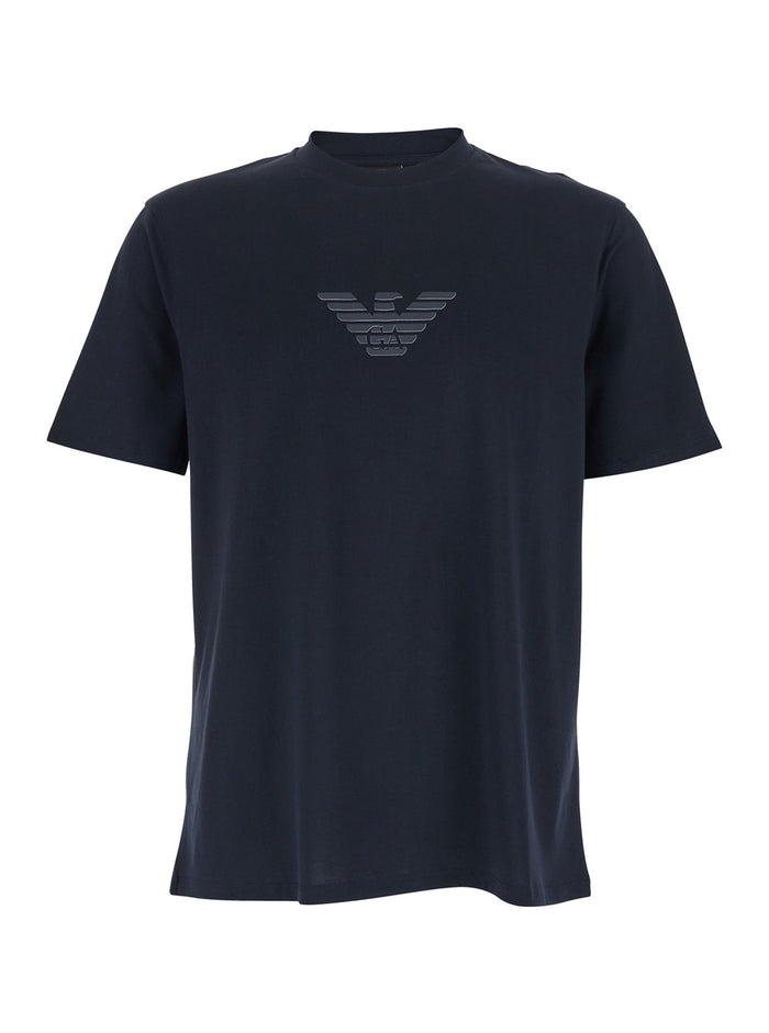 Crew Neck T-Shirt with Logo Embroidery on the Front in Blue Cotton for Men Blu Tshirts And Polo Shirts