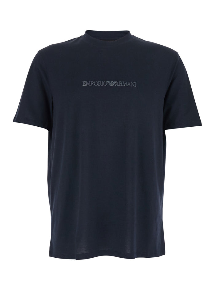 Blue Crew Neck T-Shirt with Logo Embroidery on the Front for Men Blu Cotton Tshirts And Polo Shirts