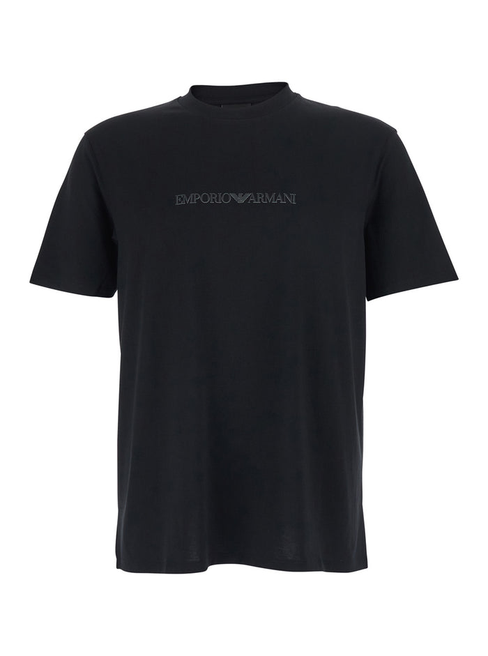 Black Cotton Crew Neck T-Shirt with Logo Embroidery for Men Tshirts And Polo Shirts