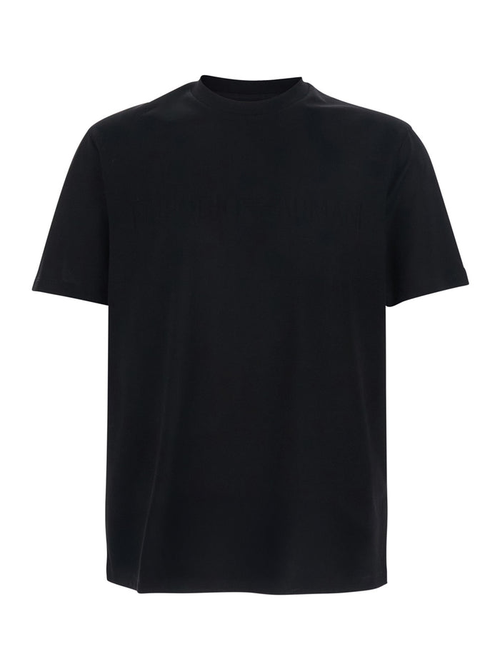Black T-Shirt with Elasticized Crew Neck and Tone-on-Tone Jacquard Logo for Men Cotton Tshirts Polo Shirts