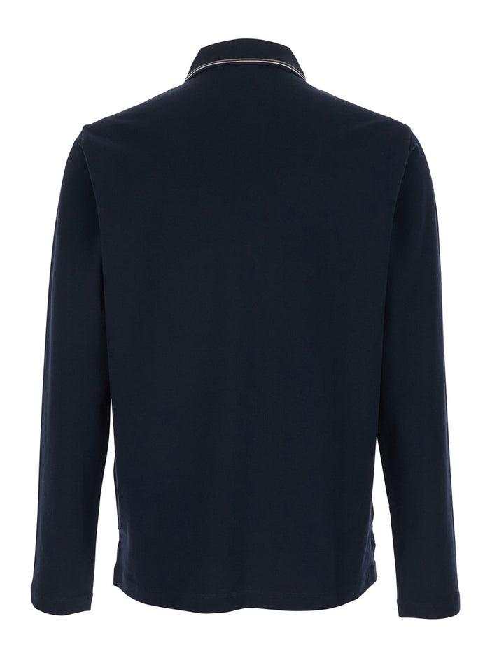 Blue Polo Shirt with Long Sleeves and Front Logo in Cotton for Men Blu Tshirts
