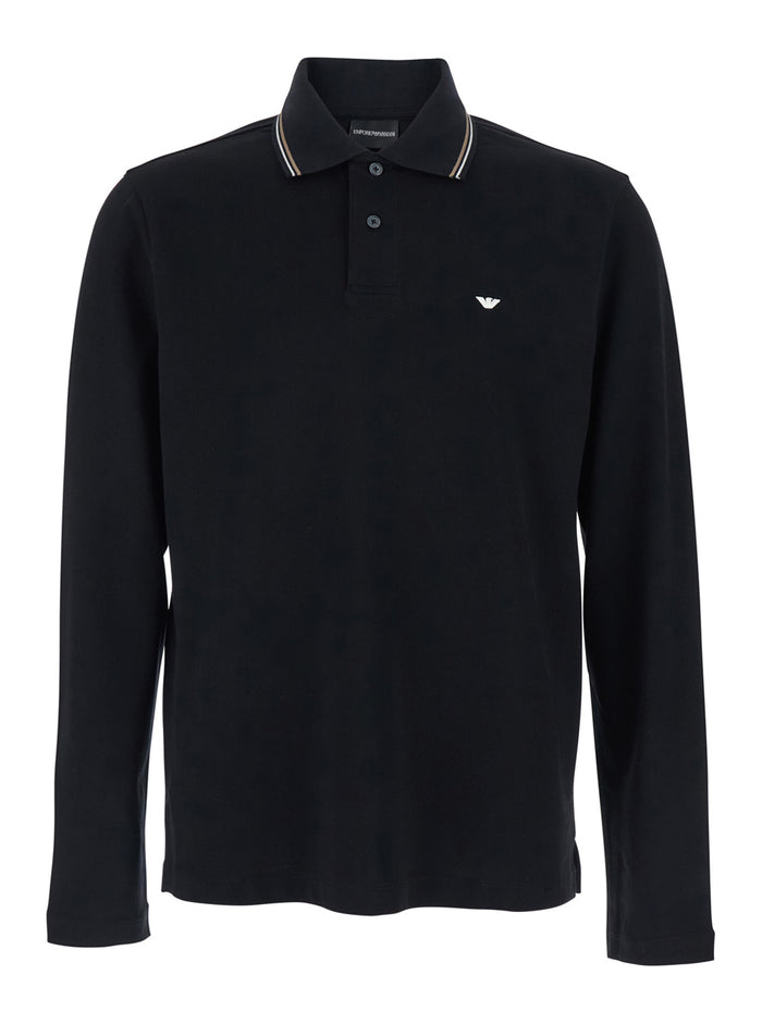 Black Polo Shirt with Long Sleeves and Logo on the Front for Men Cotton Tshirts