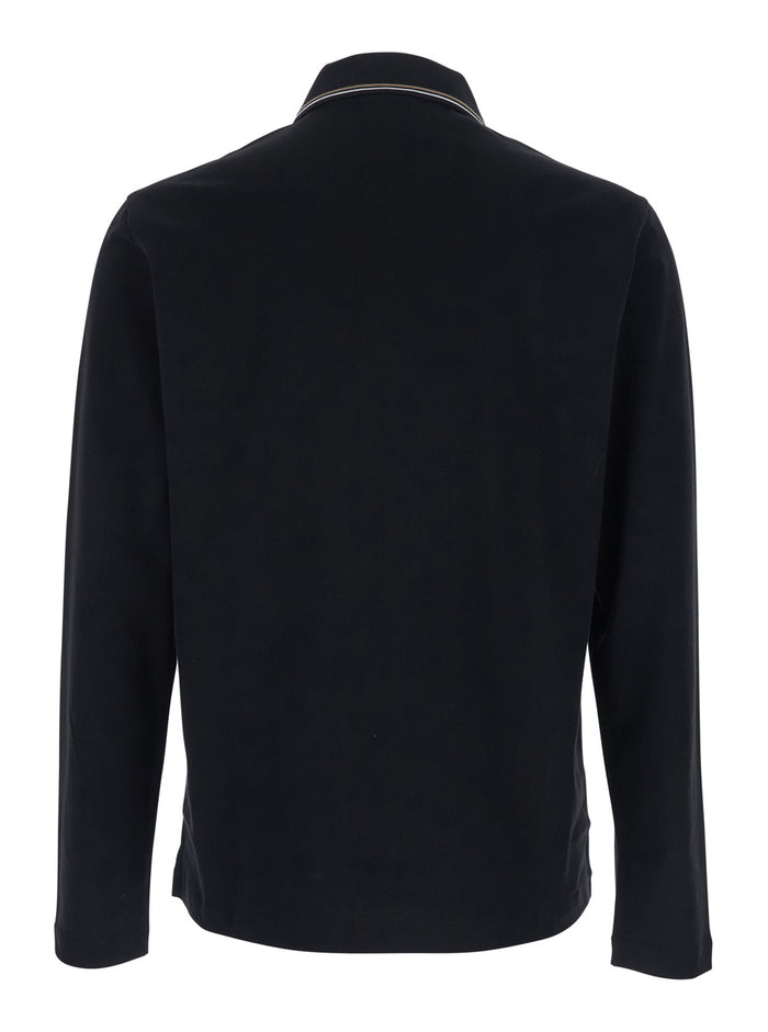 Black Polo Shirt with Long Sleeves and Logo on the Front for Men Cotton Tshirts