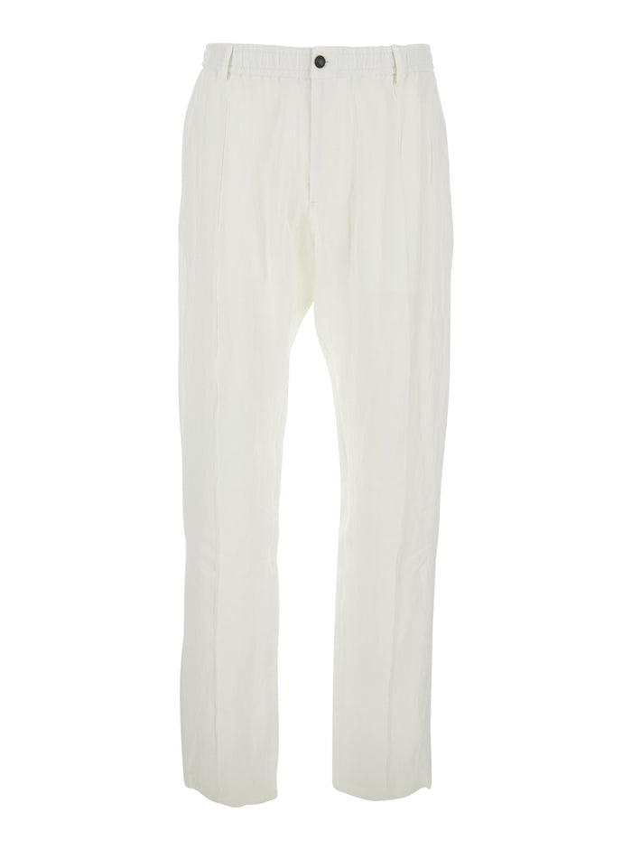 White Linen Elasticated Waist Trousers For Men