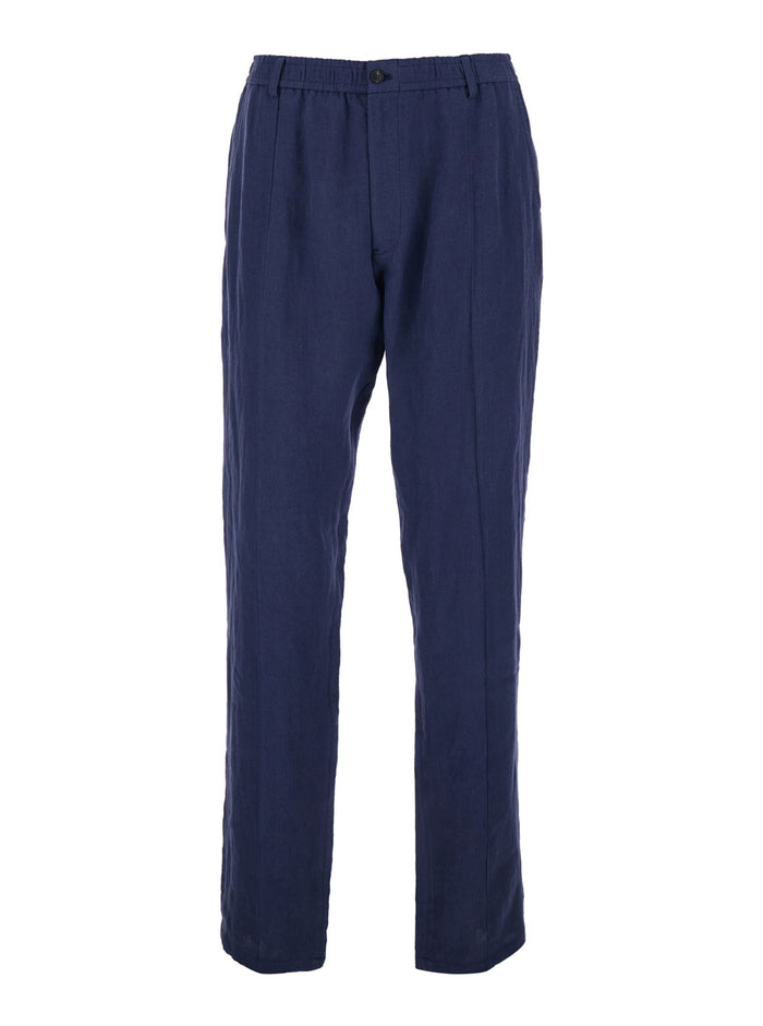 Mens Blue Straight-Leg Linen Trousers Blu