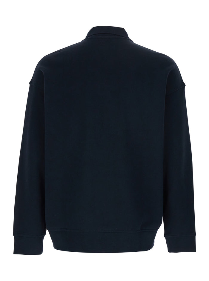 Blue Sweatshirt with Polo Collar and Logo Embroidery on the Front for Men Blu Cotton Sweatshirts