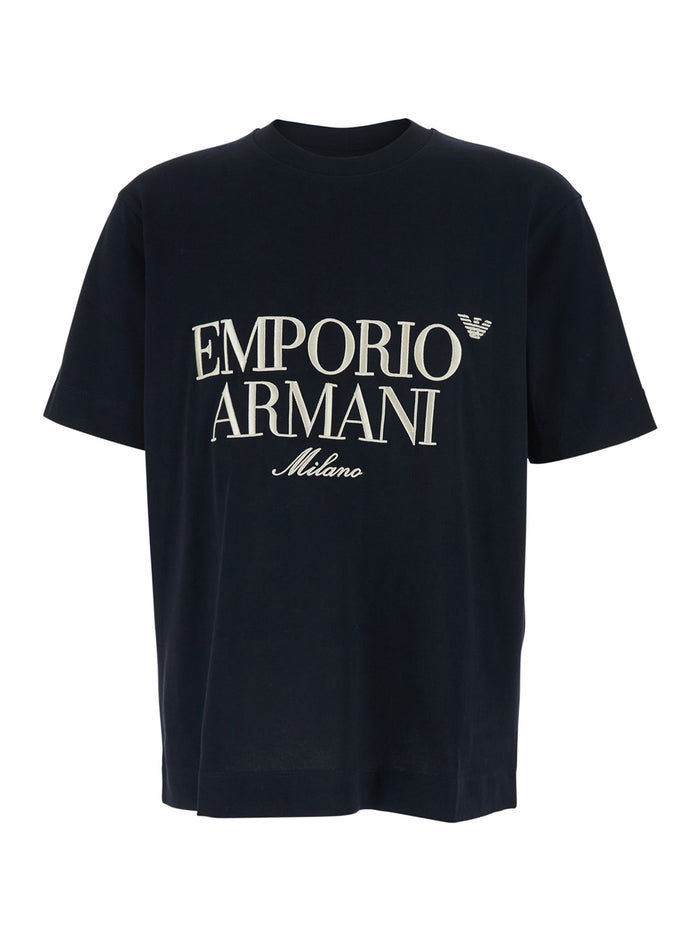 Blue T-Shirt with Large Logo Embroidery on the Front for Men Blu Cotton Tshirts And Polo Shirts