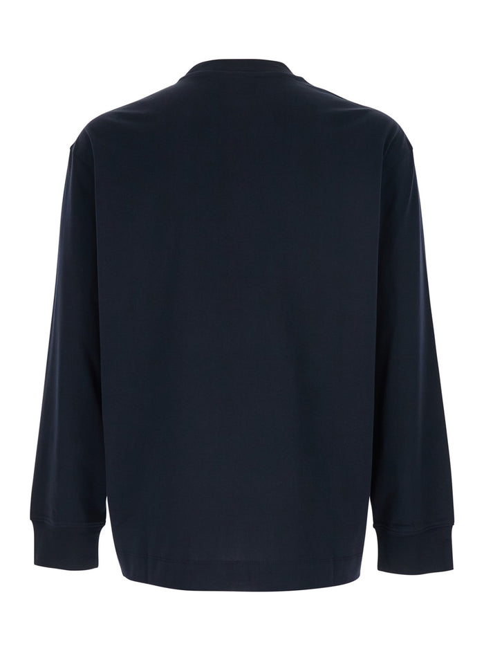 Long Sleeve Crew Neck T-Shirt with Logo Embroidery on the Front in Blue Cotton for Men Blu Tshirts And Polo Shirts