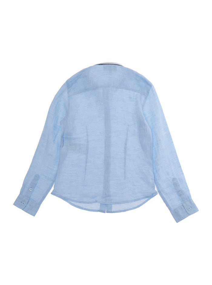 Light Blue Shirt with Classic Collar and Logo on Front in Linen for Kids Blouses