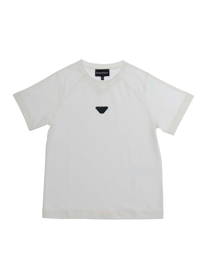 Crew Neck T-Shirt with Logo Patch on the Front in White Cotton for Kids Tshirts And Polo Shirts