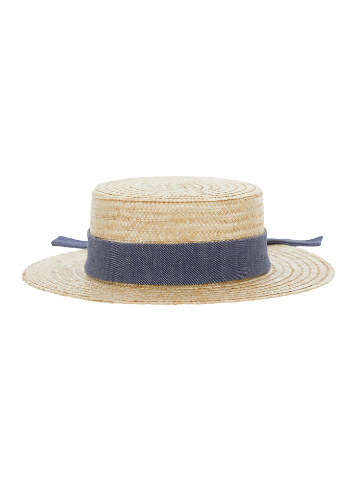 Hat with Knot at the Back and Logo Detail in Beige Straw for Girls Gloves