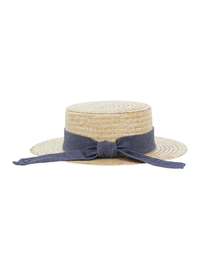 Hat with Knot at the Back and Logo Detail in Beige Straw for Girls Gloves