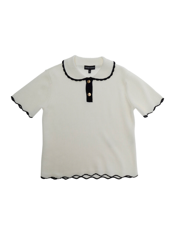 White Sweater With Peter Pan Collar And Contrasting Trims Ribbed Cotton Girl Jersey