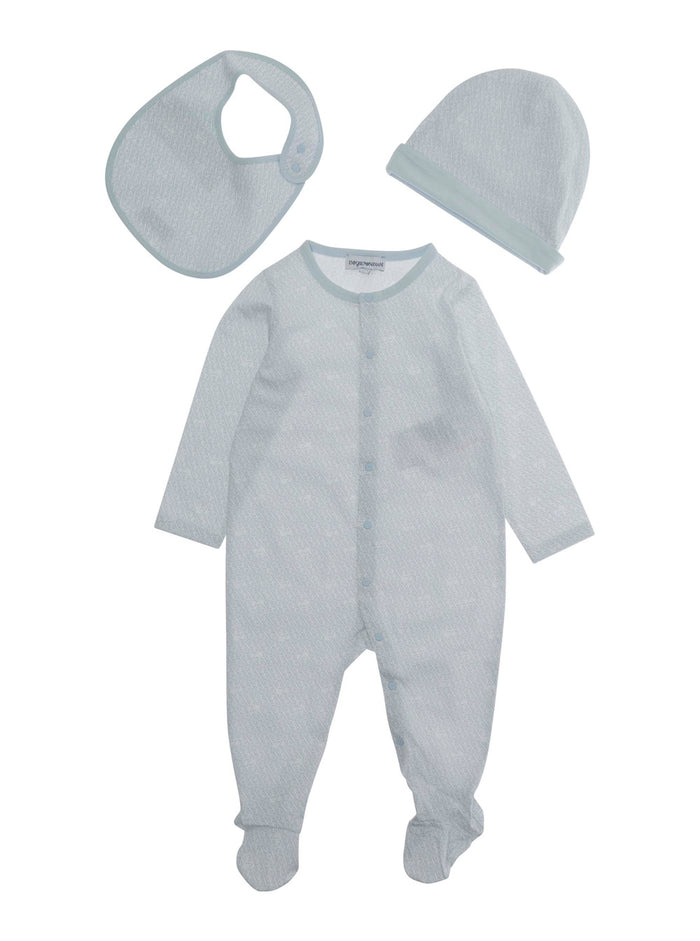 Coordinated Set Baby with Bodysuit, Hat and Bib in Blue Cotton for Light Suits