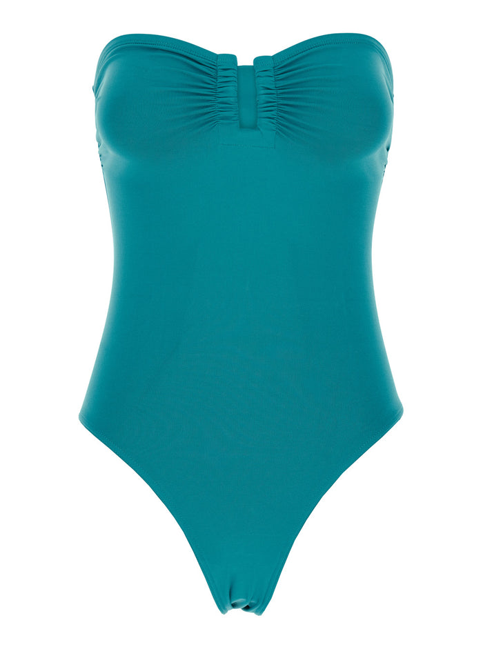 One-Piece Swimsuit Cassiopee with Ruffles on the Front and Strapless in Blue Tech Fabric for Women Blu Polyamide Elastane Beachwear