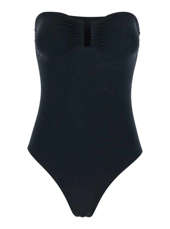 Cassiopee Black One-Piece Swimsuit With Ruffles On The Front And Strapless Tech Fabric For Women Polyamide Elastane Beachwear