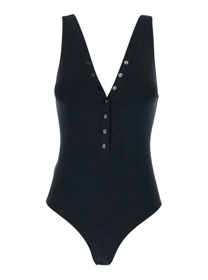 Icone Black Swimsuit with Stud Embellishments and V Neck in Tech Fabric Woman Polyamide Elastane Beachwear