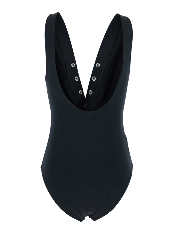 Icone Black Swimsuit with Stud Embellishments and V Neck in Tech Fabric Woman Polyamide Elastane Beachwear