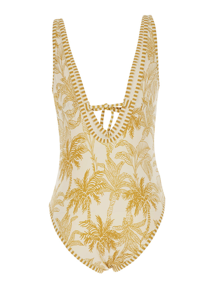Voyage Yellow One-Piece Swimsuit With V-Neck And All-Over Floral Print In Tech Fabric For Women Polyamide Elastane Beachwear