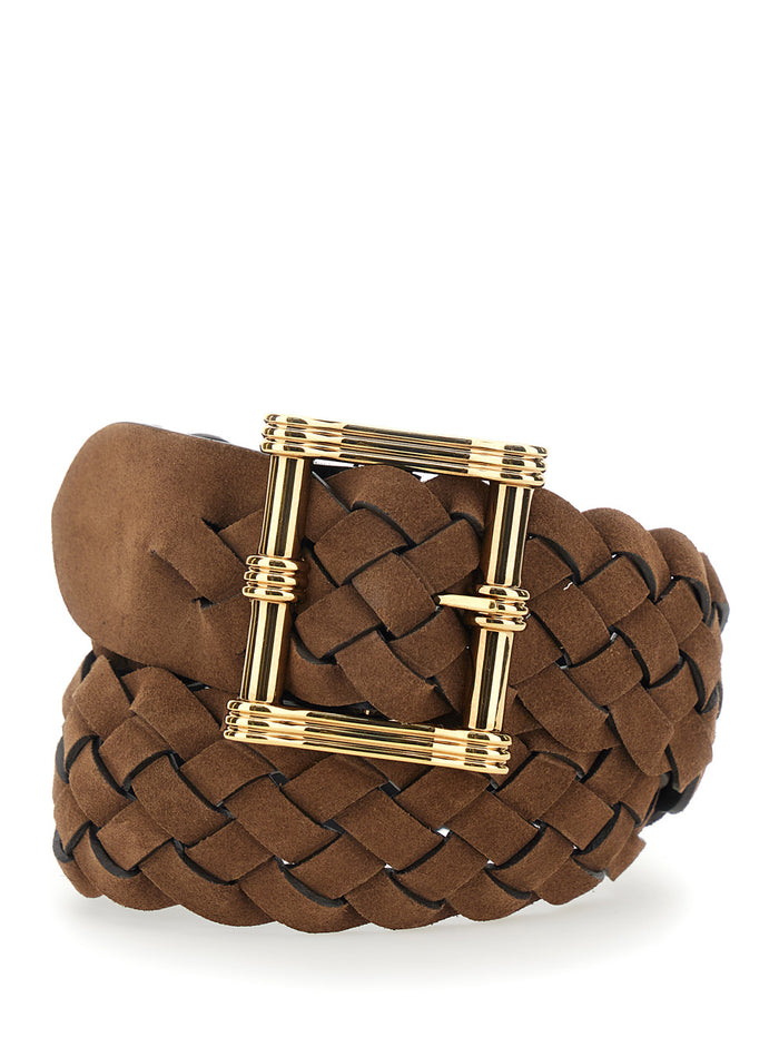 Belt with Front Buckle Closure and Brown Intreccio Motif for Women Calf