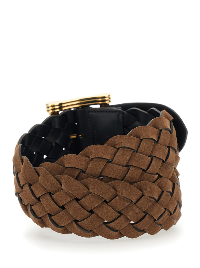 Belt with Front Buckle Closure and Brown Intreccio Motif for Women Calf
