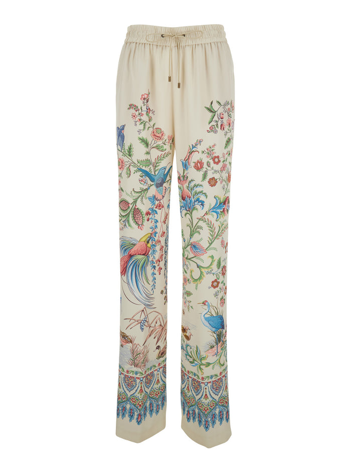 White Pants with Elastic Waist and Drawstring All-Over Floral Print in Tech Fabric for Women Polyester Trousers