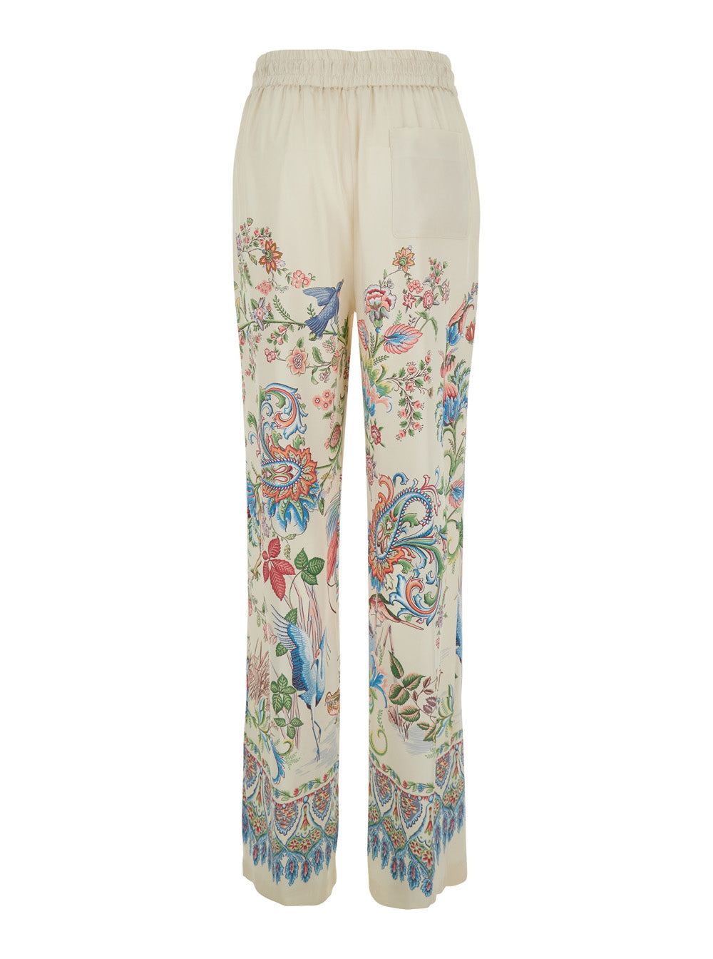 White Pants with Elastic Waist and Drawstring All-Over Floral Print in Tech Fabric for Women Polyester Trousers