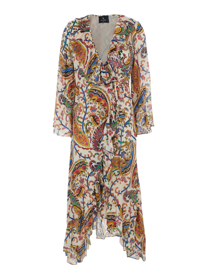 Multicolor Long Dress With All-Over Paisley Motif And V-Neck Silk Women