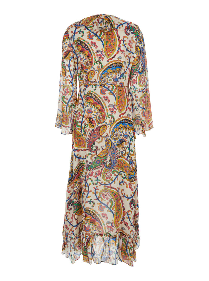 Multicolor Long Dress With All-Over Paisley Motif And V-Neck Silk Women