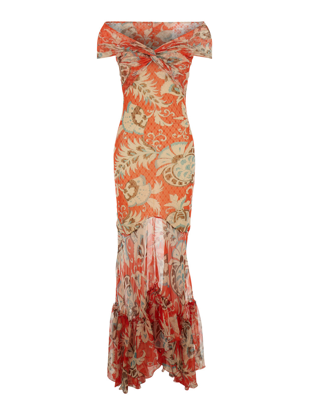 Dress PRINTED MESH LONG with Orange Polyamide Print for Women