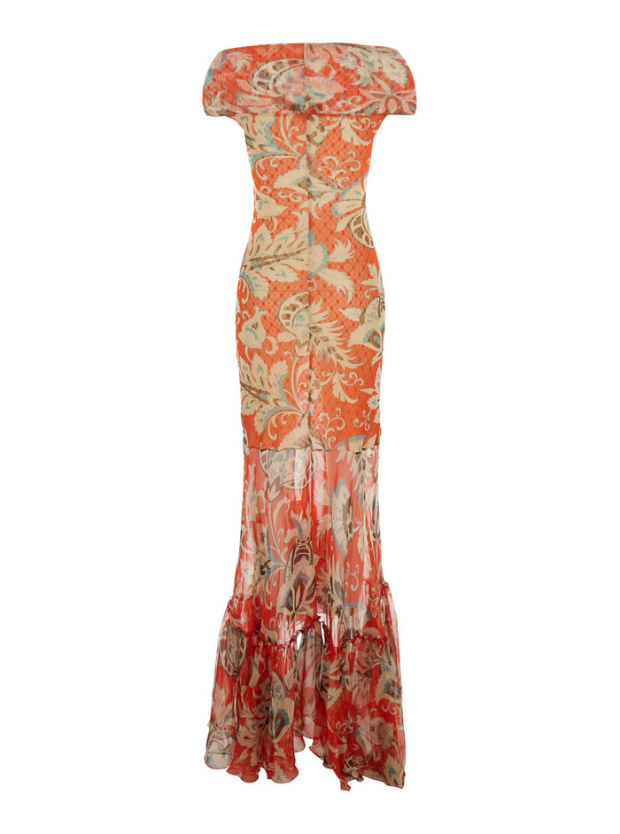 Dress PRINTED MESH LONG with Orange Polyamide Print for Women