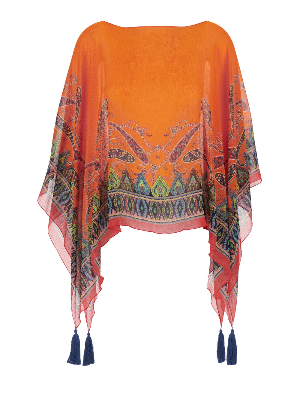 Orange Cape with Front and Back Print Silk Tassel Detail for Women Outerwear