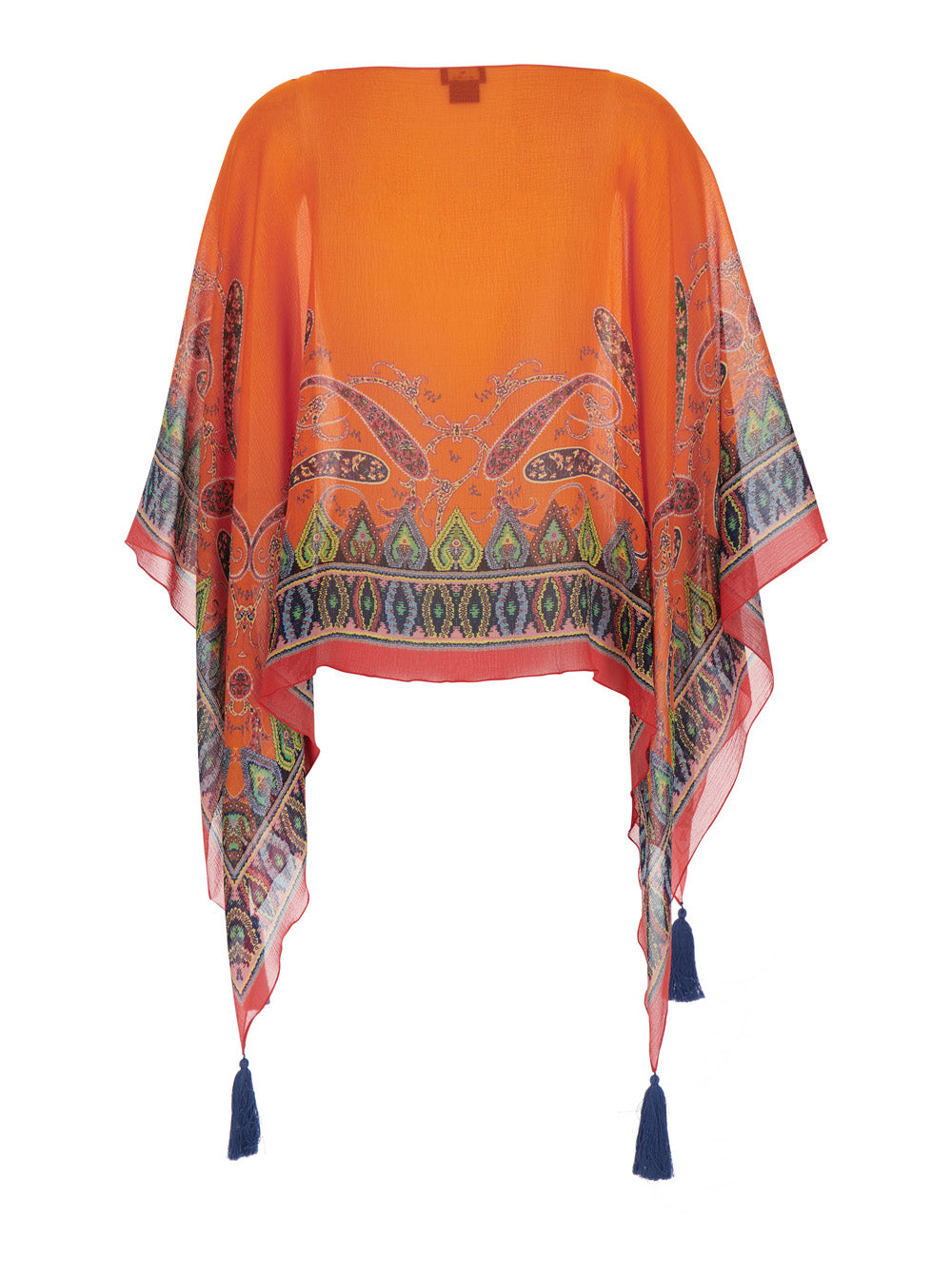 Orange Cape with Front and Back Print Silk Tassel Detail for Women Outerwear