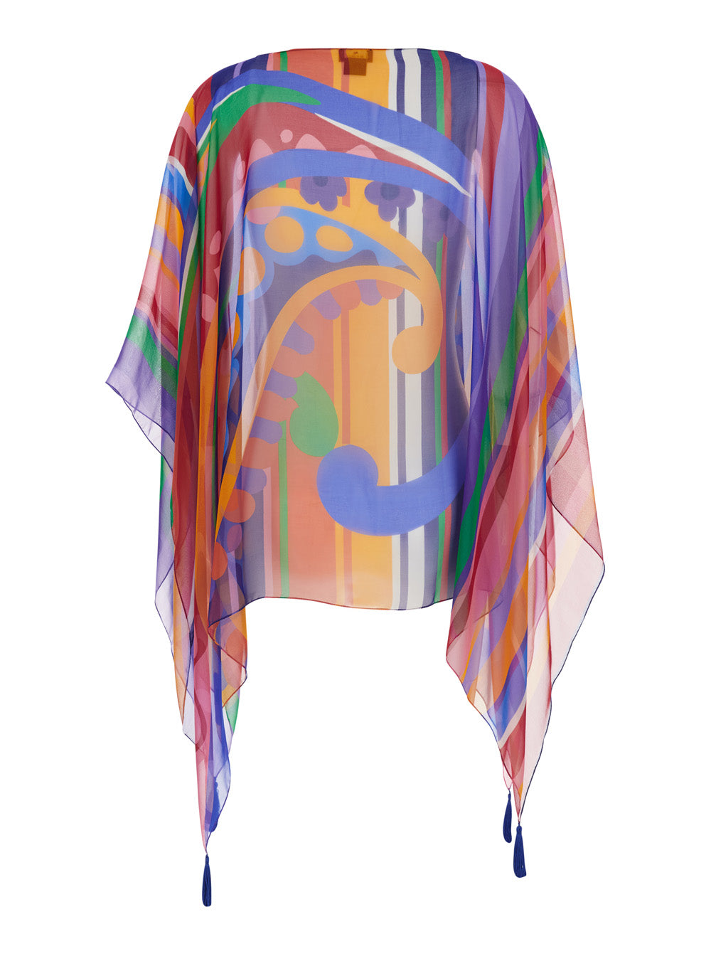 Multicolor Cape with All-Over Print and Silk Tassel Detail for Women Outerwear