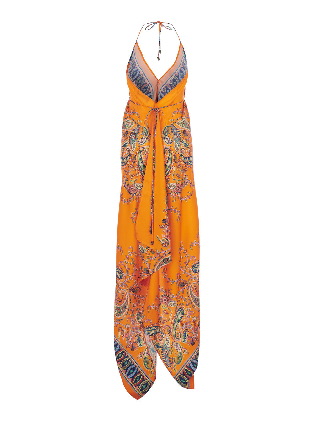 Orange Long Sleeveless Dress With Bow Detail Silk For Women