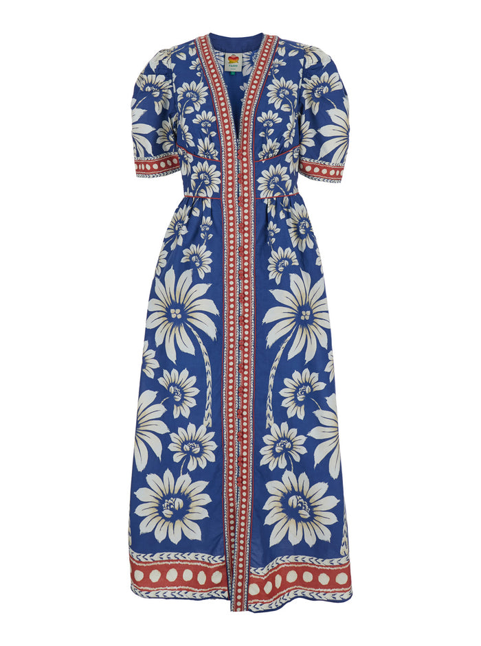 Luna Blue Long Dress with V Neck and All-Over Floral Motif in Cotton Woman Blu