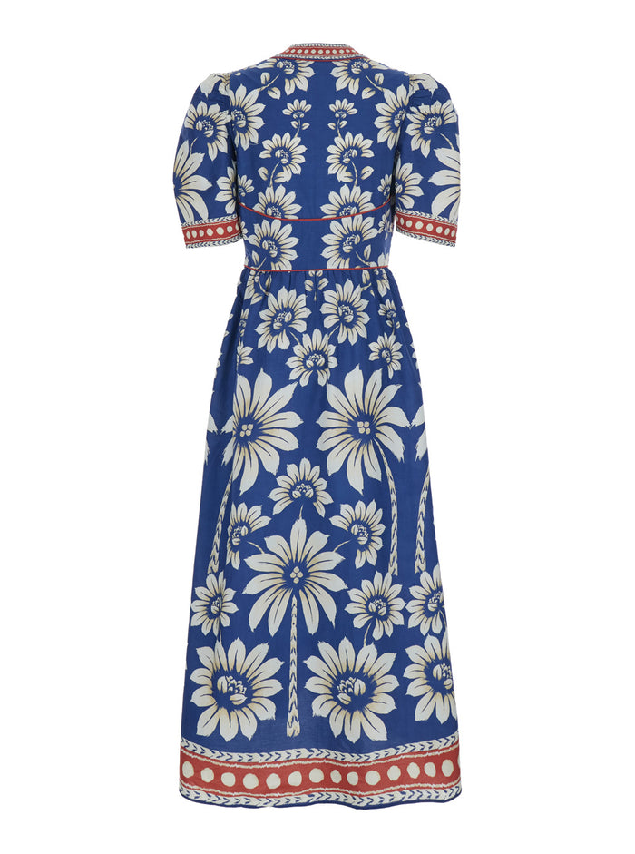 Luna Blue Long Dress with V Neck and All-Over Floral Motif in Cotton Woman Blu