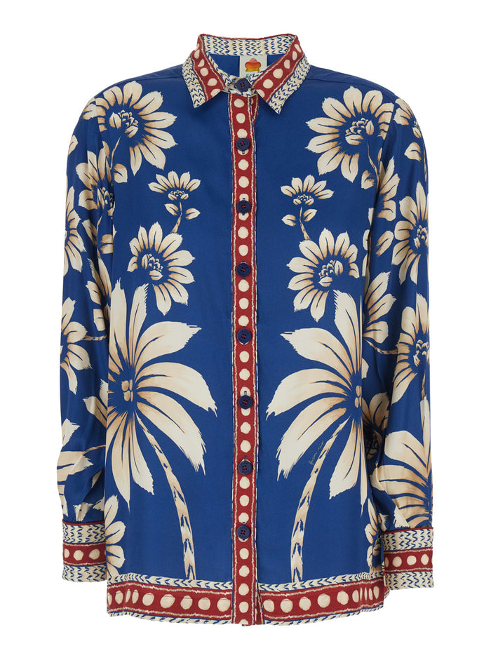 Shirt Luna with Classic Collar and All-Over Floral Motif in Blue Viscose for Women Blu Blouses