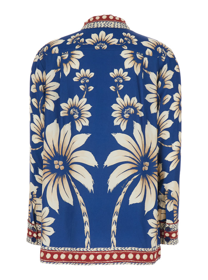 Shirt Luna with Classic Collar and All-Over Floral Motif in Blue Viscose for Women Blu Blouses