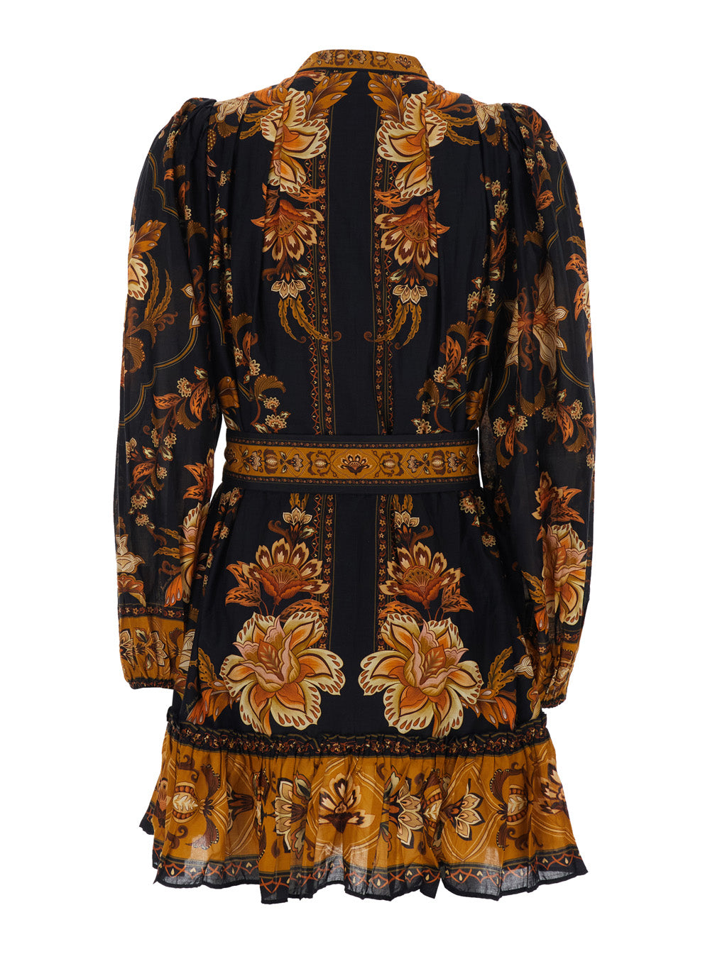 Majestic Garden Multicolor Crew Neck Mini Dress With All-Over Floral Motif And Front Belt Cotton For Women