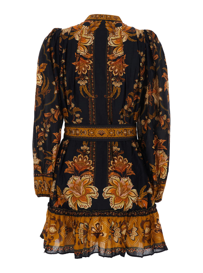 Majestic Garden Multicolor Crew Neck Mini Dress With All-Over Floral Motif And Front Belt Cotton For Women