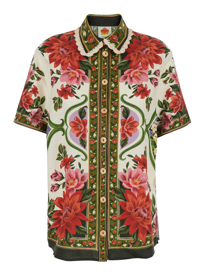 Wonder Shirt with Classic Collar Lace Embroidery and All-Over Floral Motif in Multicolor Linen Blend for Women Viscose Blouses