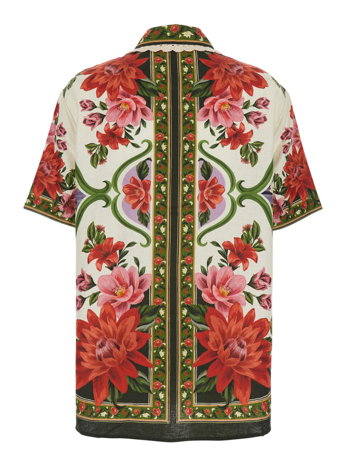 Wonder Shirt with Classic Collar Lace Embroidery and All-Over Floral Motif in Multicolor Linen Blend for Women Viscose Blouses